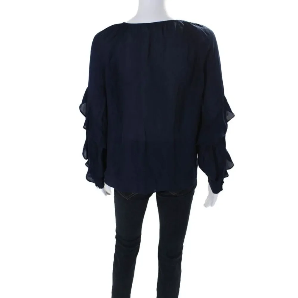 Parker Womens Silk Key Hole Neck Long Sleeves Blouse Navy Blue Size Extra Small - Picture 3 of 6